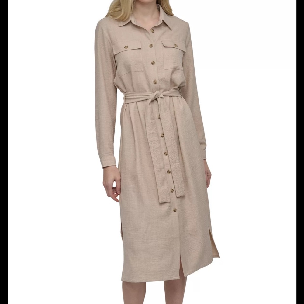 DKNY Beige Belted Midi Dress